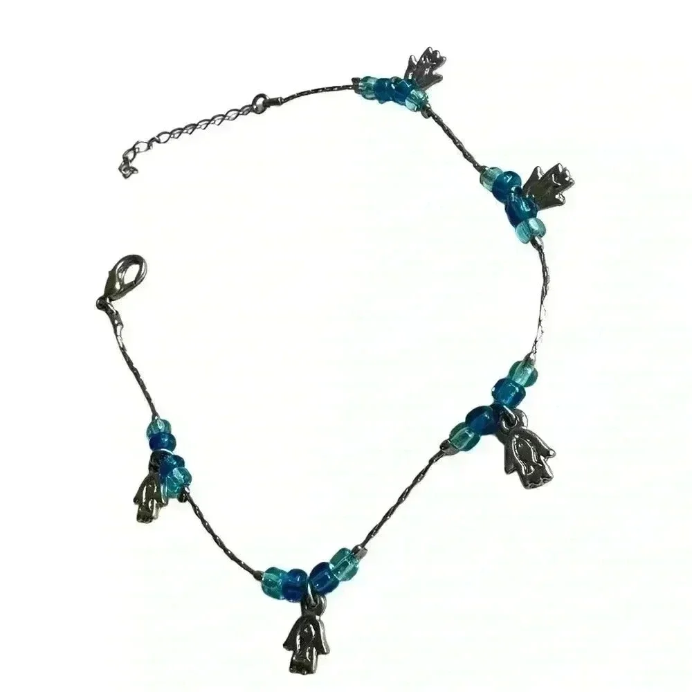 Silver metal beaded hamsa charm evil eye bracket dangle anklet women’s jewelry